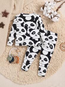 SHEIN Leap Crew 2pcs Baby Boy Cute Panda Patterned Long Sleeve Homewear Set