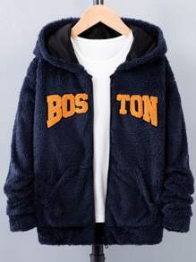 SHEIN Tween Boy Letter Embroidery Hooded Teddy Jacket Without Tee - Black - View 1