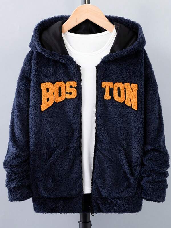 SHEIN Teenager Junge Teddy Jacke mit Buchstaben Stickerei, Kapuze, ohne T-Shirt