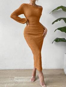 Allurite 素色不對稱領緊身洋裝 - 棕色 - 查看 3