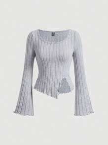 SHEIN MOD Lettuce Trim Flare Sleeve Asymmetrical Hem Tee - Grey - View 1