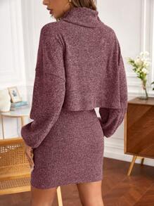 SHEIN 孕婦高領燈籠袖上衣&可調節腰圍半身裙 - 紅木色 - 查看 2