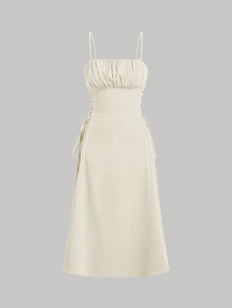 SHEIN MOD 素色胸部褶皺側邊綁帶吊帶洋裝 - 杏色 - 查看 1