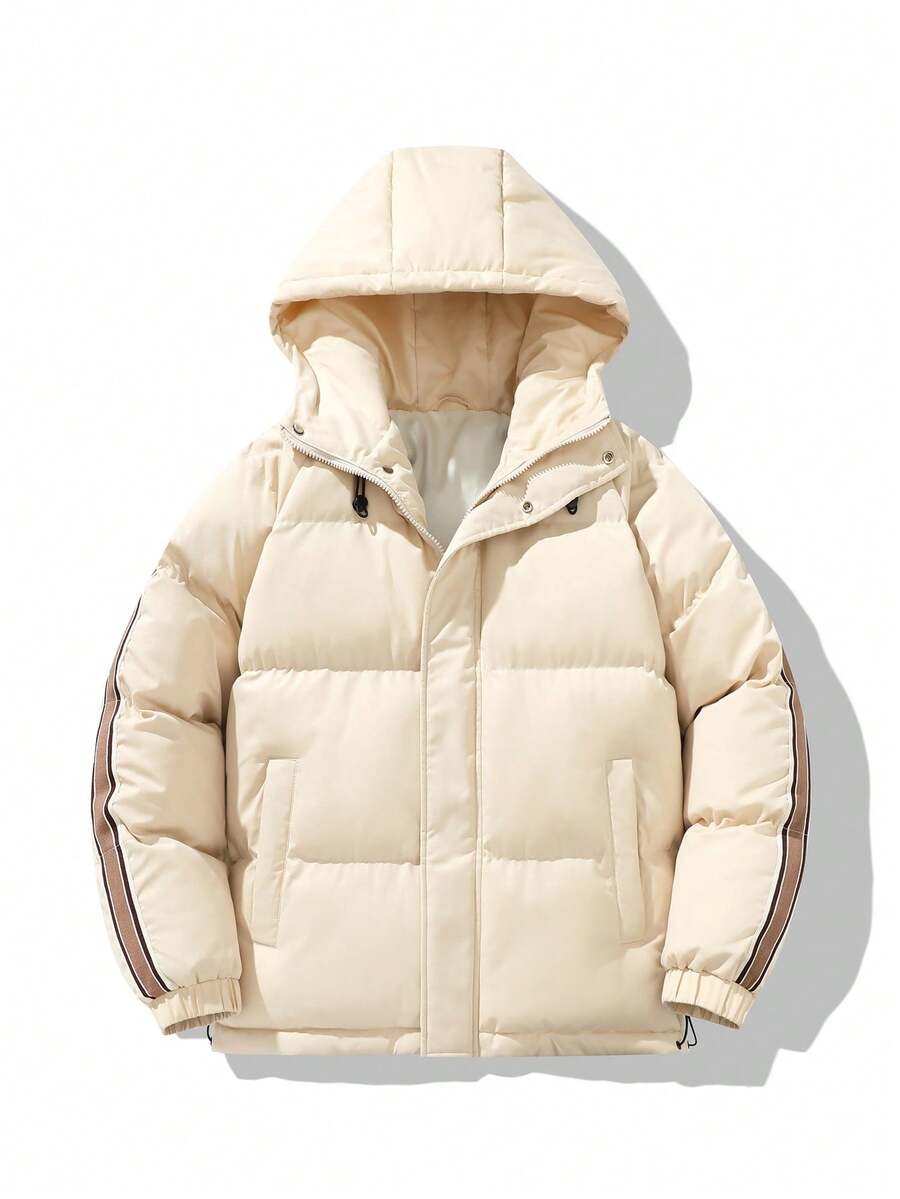 Men Contrast Tape Raglan Sleeve Drawstring Hem Hooded Padded Coat - White - View 1