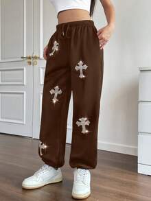 SHEIN Unity 水鑽十字架圖案腰部抽繩衛褲 - 棕色 - 查看 5