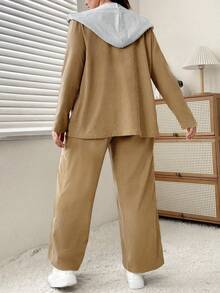 SHEIN Essnce Plus Flap Detail Blazer & Wide Leg Pants - Khaki - View 2