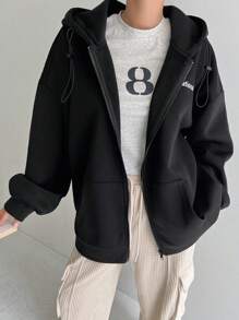 DAZY Letter Graphic Zip Up Drop Shoulder Drawstring Thermal Lined Hoodie,Long Sleeve Tops,Fall Women Clothes Sweatshirt Jacket - Black - View 1