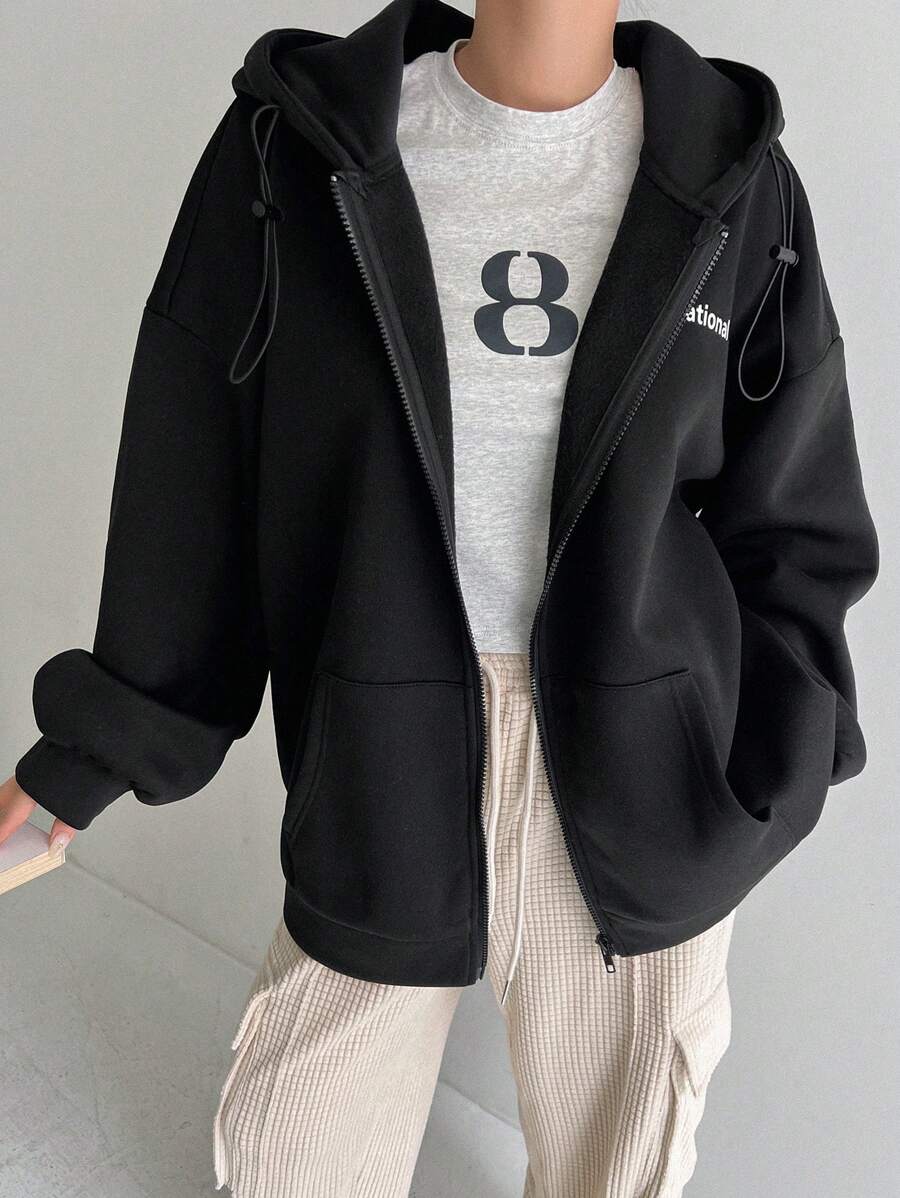 DAZY Letter Graphic Zip Up Drop Shoulder Drawstring Thermal Lined Hoodie,Long Sleeve Tops,Fall Women Clothes Sweatshirt Jacket - Black - View 1