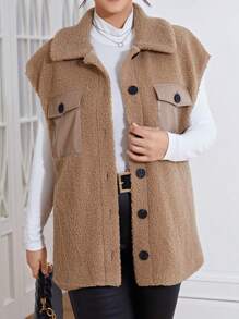 SHEIN Essnce Hơn Túi có nắp Teddy Áo vest - Màu Khaki - Xem 6