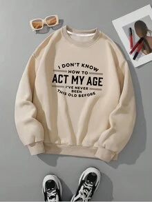 SHEIN EZwear Talla grande Sudadera con estampado de letra con forro térmico - Albaricoque - Ver 1