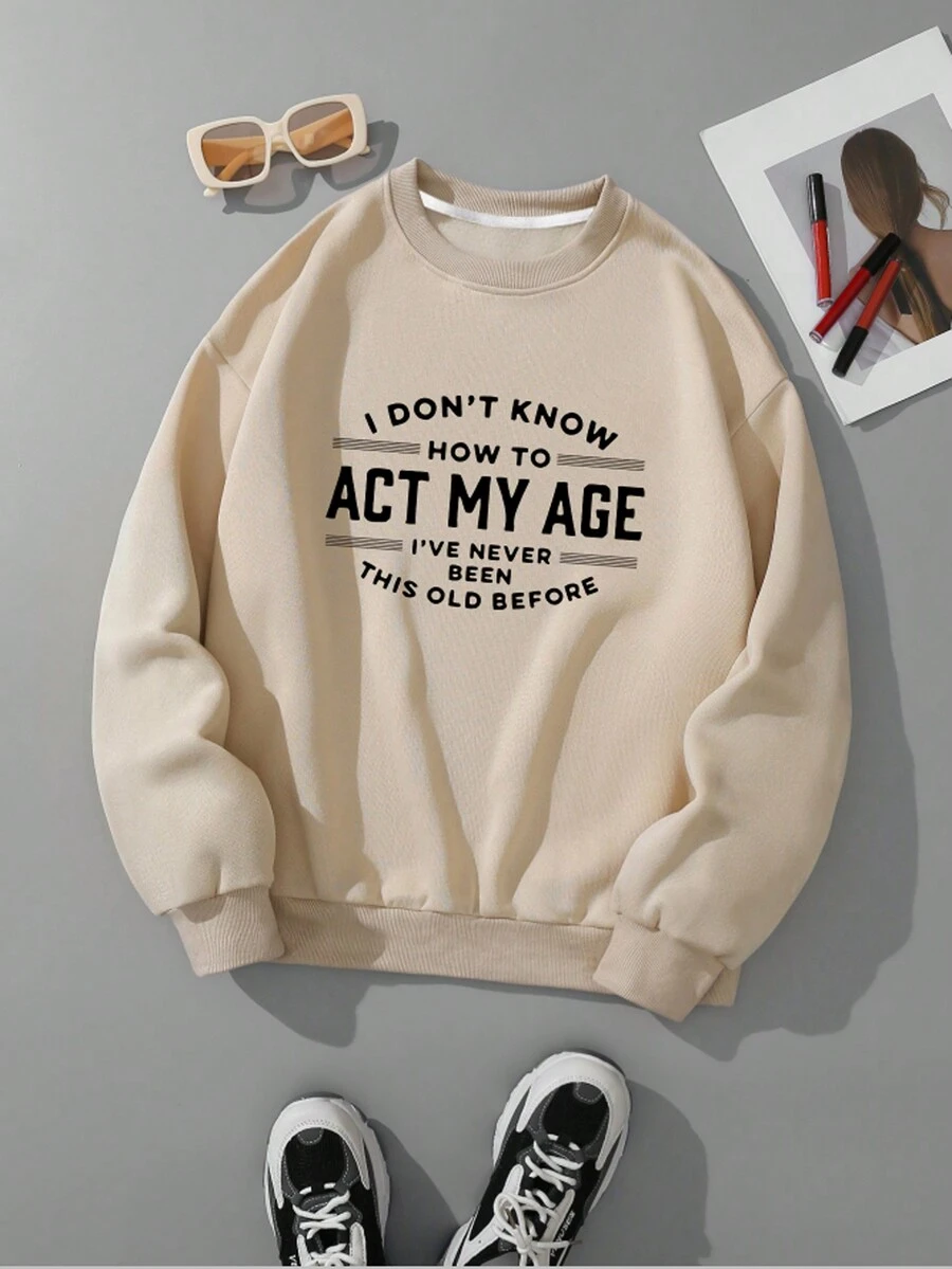 SHEIN EZwear Talla grande Sudadera con estampado de letra con forro térmico - Albaricoque - Ver 1