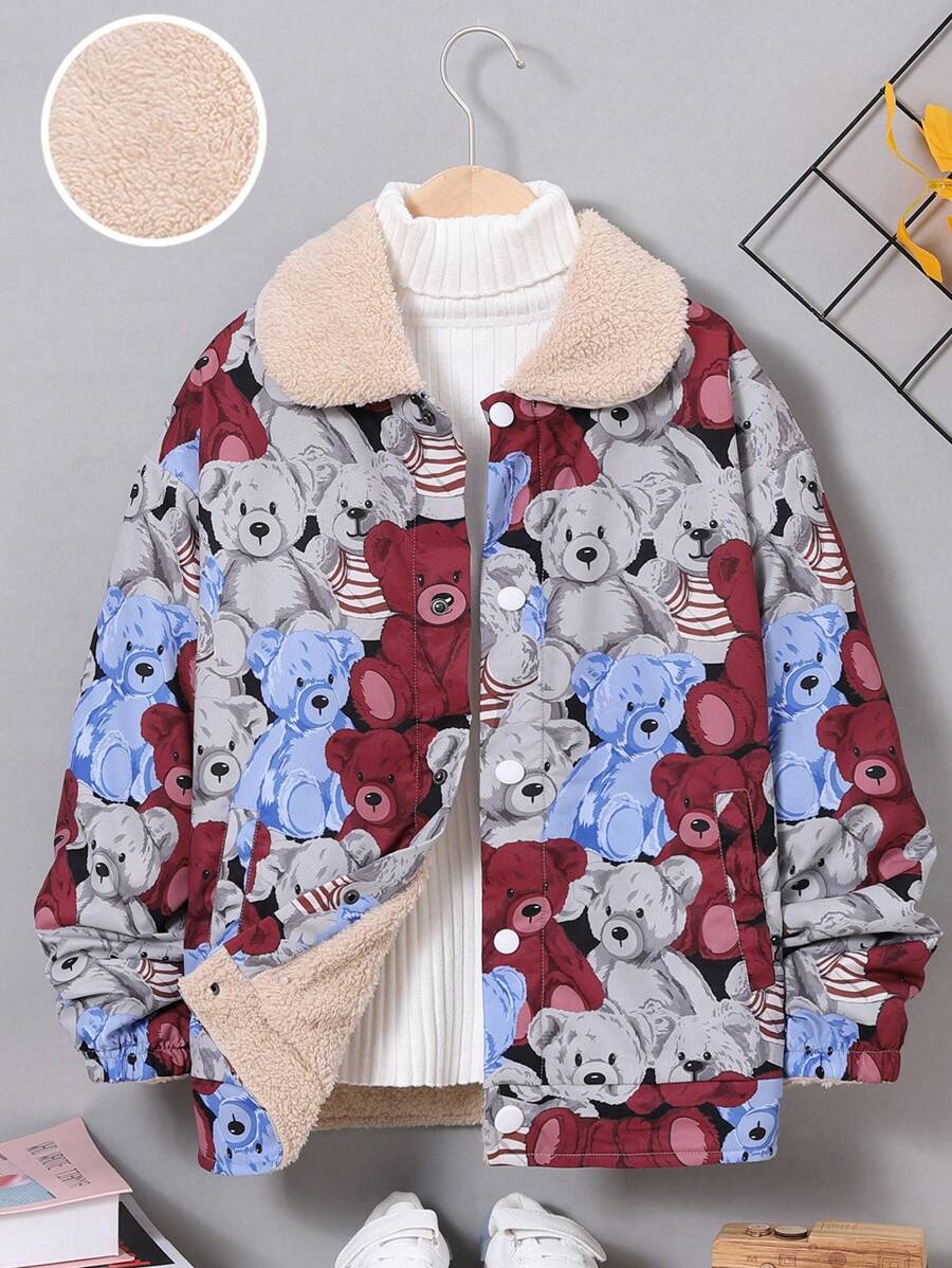 Tween Boys 1pc Bear Print Borg Collar Teddy Lined Jacket