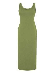 SHEIN Unity 素色背心洋裝 - 橄欖綠 - 查看 1