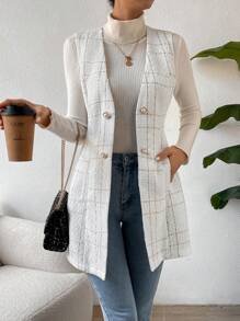 Calvaya Double Breasted Detail Slant Pocket Vest Coat - White - View 3