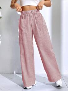 SHEIN EZwear 雙口袋闊腿褲 - 紅色 - 查看 3