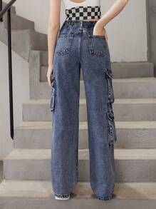 Teen Girl Flap Pocket Cargo Jeans - Dark Wash - View 2