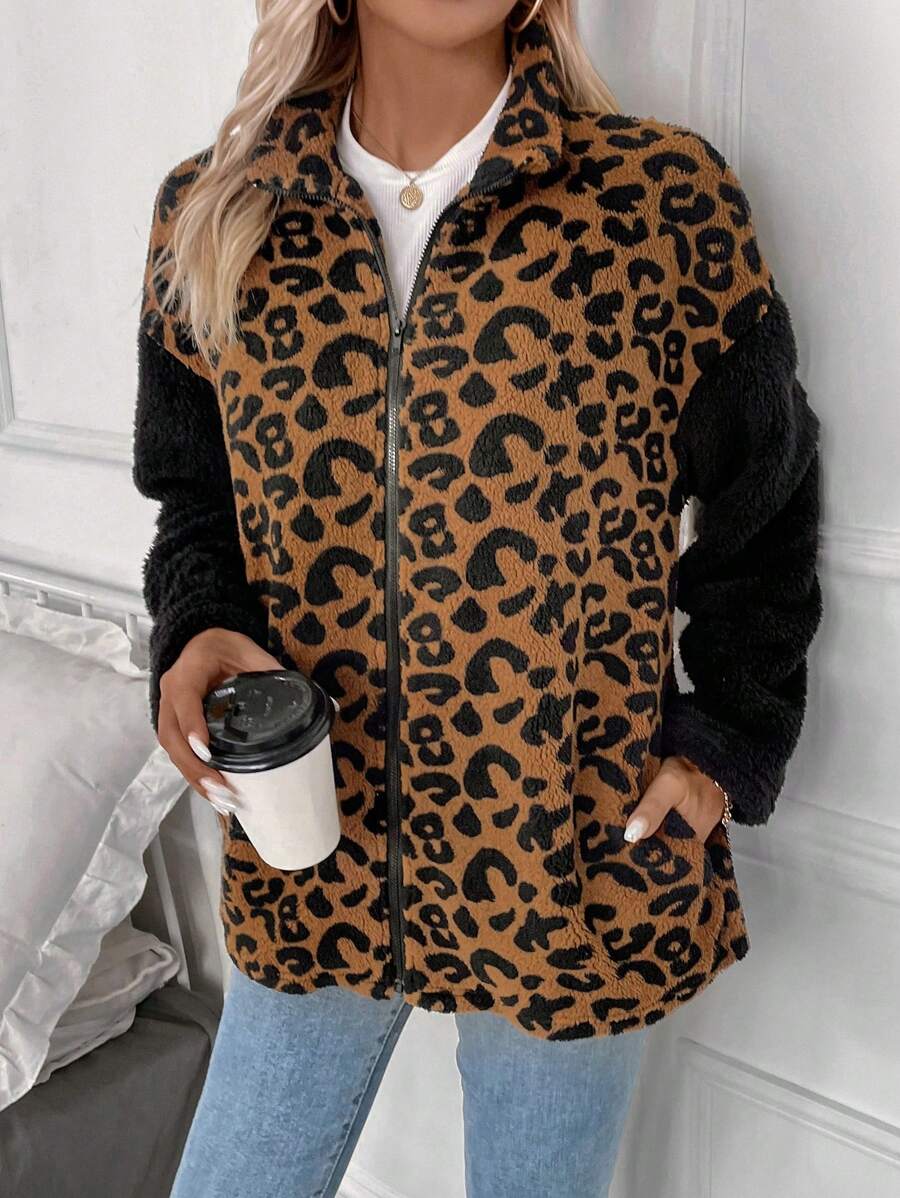 SHEIN LUNE Hoa văn Báo Thả vai Dây kéo Áo khoác Teddy - Nhiều màu - Xem 1