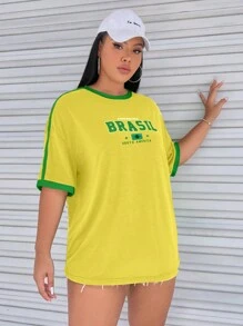 SHEIN Coolane Talla grande Camiseta de hombros caídos con estampado de letra ribete en contraste - Amarillo - Ver 4