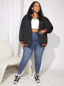 SHEIN CURVE+ Plus Letter Patched Striped Trim Drop Shoulder Bomber Jacket - Multicolor - View 7