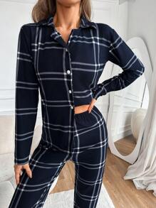 SHEIN Cottnline In kẻ sọc Bộ PJ - Màu xanh hải quân - Xem 4