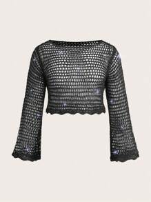 SHEIN ICON Plus Hollow Out Crop Sweater Without Bra - Black - View 1