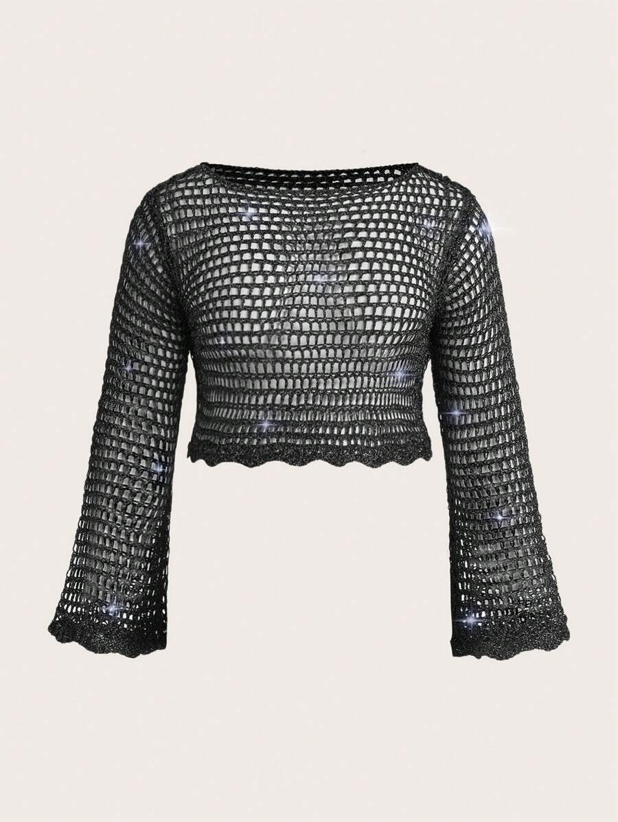 SHEIN ICON Plus Hollow Out Crop Sweater Without Bra - Black - View 1