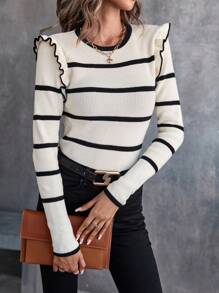 SHEIN Clasi Striped Pattern Ruffle Trim Jumper - Apricot - View 5