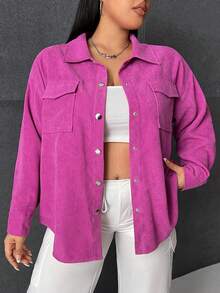 SHEIN EZwear 大碼翻蓋口袋落肩袖燈芯絨大衣 - 玫紅色 - 查看 6