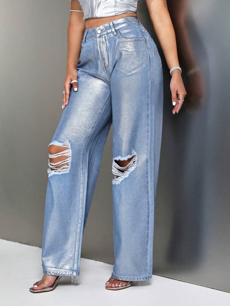 High Waist Ripped Wide Leg Jeans