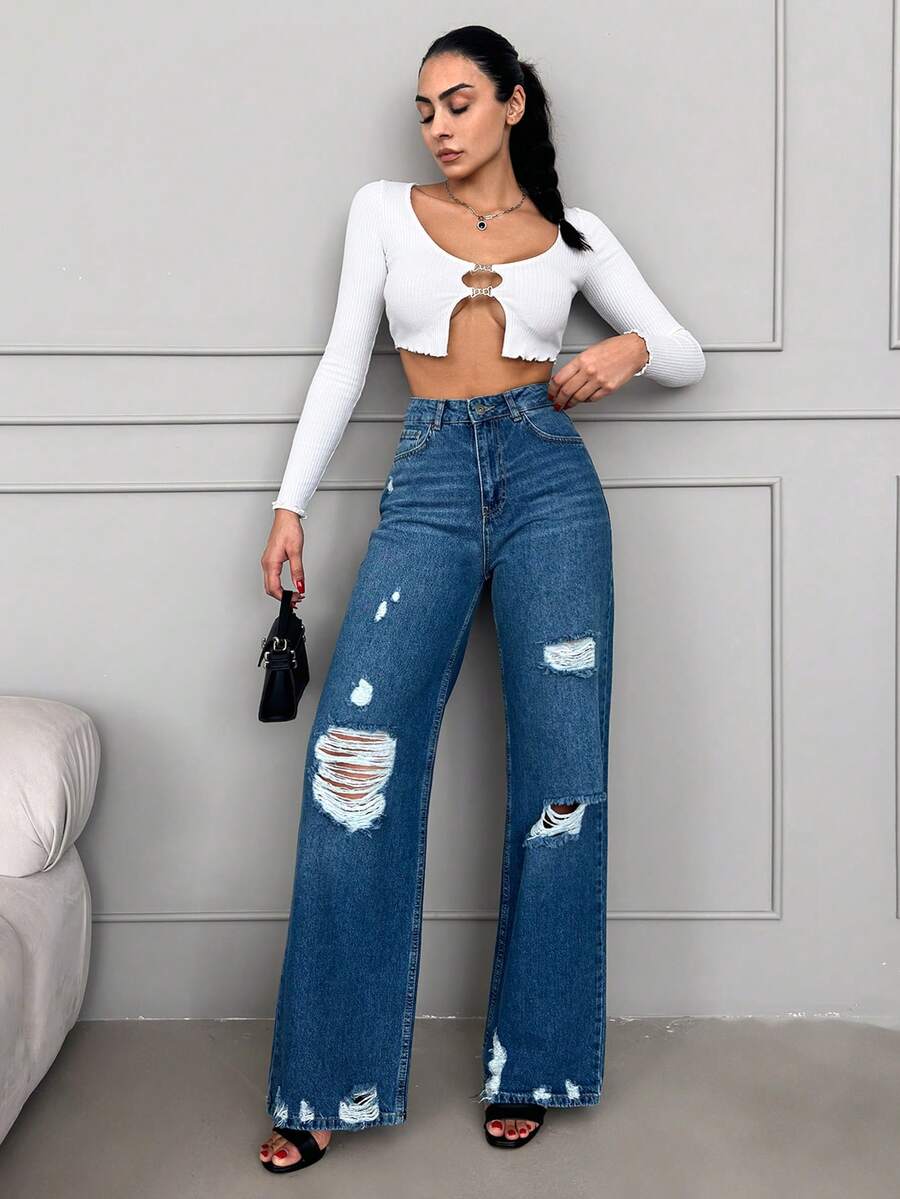SHEIN Cottnline Ripped Wide Leg Jeans - Medium Wash - View 1