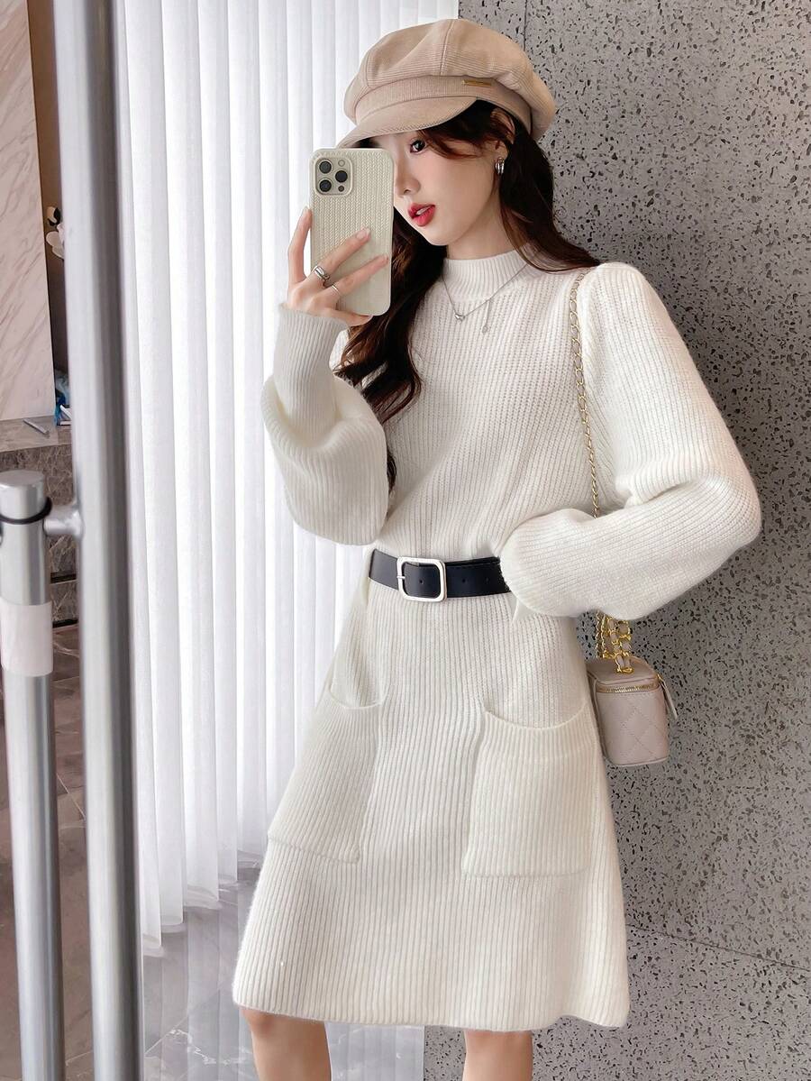 Mock Neck Pocket Patched Sweater Dress Without Belt - White - View 1