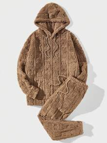 Manfinity RebelGame Men Zip Up Drawstring Hooded Teddy Jacket & Pants - Khaki - View 3