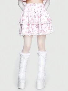ROMWE Kawaii Falda con estampado de corazón con encaje en contraste ribete con fruncido - Rosa - Ver 2