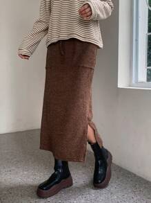 FRIFUL 冬季纯色抽绳腰部开衩下摆半身裙 - 咖啡棕 - 查看 6