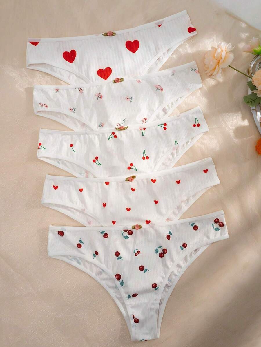Plus 5pack Heart & Cherry Print Panty - Multicolor - View 1