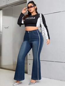 SHEIN ICON 大碼拼接側邊接縫牛仔喇叭褲 - 深色水洗藍 - 查看 4