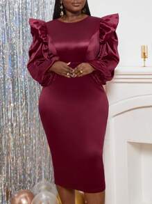 SHEIN Lady Talla grande Vestido ajustado ribete con fruncido de manga farol de satén - Burdeos - Ver 3