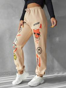 EURMUSE Cartoon & Letter Graphic Drawstring Waist Sweatpants - Apricot - View 3