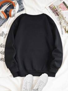 SHEIN EZwear 大碼標語圖案落肩袖運動衫 - 黑色 - 查看 2