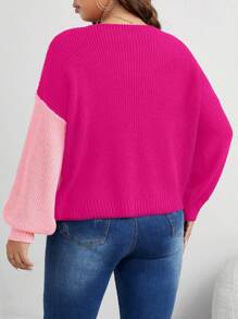SHEIN Unity Plus Size Women Colorblock V-Neck Knit Casual Sweater, Autumn/Winter Knit Pullover Fall Sweater - Hot Pink - View 2