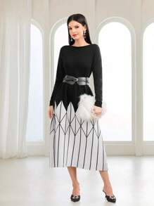 Modelyn 素色套頭毛衣和撞色幾何圖案針織短裙不附腰帶 - 黑色 - 查看 1