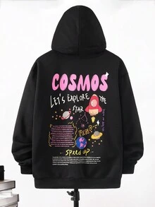 SHEIN 青少年男孩标语卡通图案落肩卫衣 - 黑色 - 查看 4