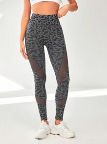 Leopard Print Mesh Insert Wideband Waist Sports Leggings - Dark Grey - View 5