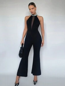 Maija Contrast Mesh Halter Neck Flare Leg Jumpsuit - Black - View 5