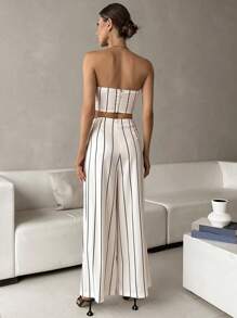 SHEIN Privé Striped Print Tube Top & Wide Leg Pants