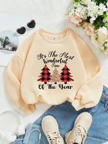 Cô gái Tween 1 Miếng Cây thông noel & Đồ họa Khẩu hiệu Lót nhiệt Áo nỉ - Màu be - Xem 1