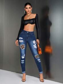 SHEIN In hoa Báo Quần jean rách - Rửa tối - Xem 2