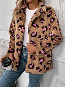 SHEIN LUNE Leopard Print Lapel Neck Teddy Coat - Multicolor - View 3