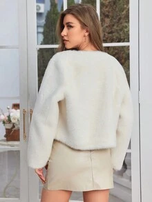 MIEGOFCE Solid Open Front Fuzzy Coat - White - View 2