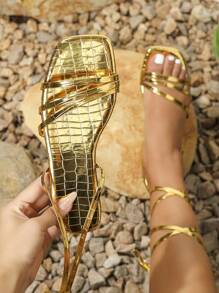 Women's Gold Textured Strappy Flat Sandals - Gold - View 4